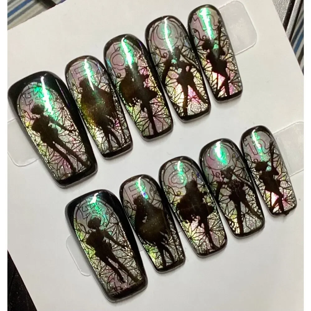 Kawaii Sailor Moon Holo Chrome Cat Eye Handmade Square Press-On Nail S M L